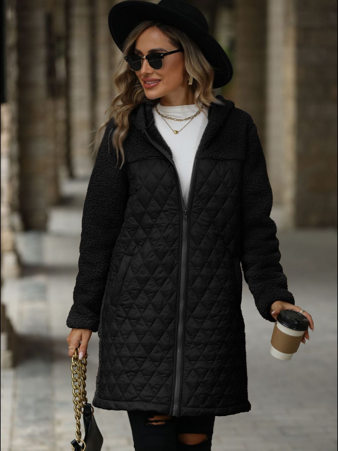 Texture Zip Up Long Sleeve Hooded Coat - Sydney So Sweet