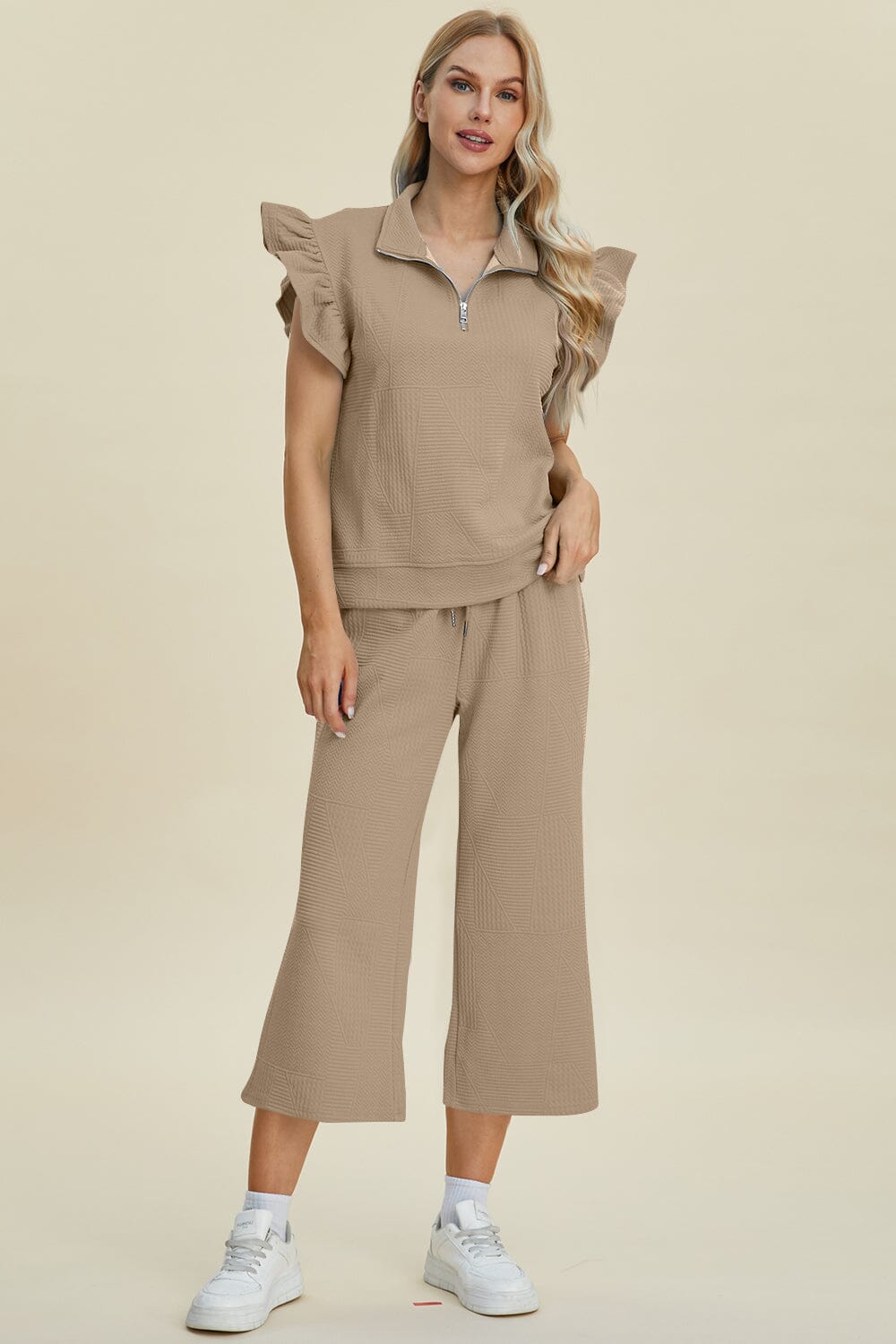 Double Take Full Size Texture Ruffle Short Sleeve Top and Wide Leg Pants Set - Sydney So Sweet