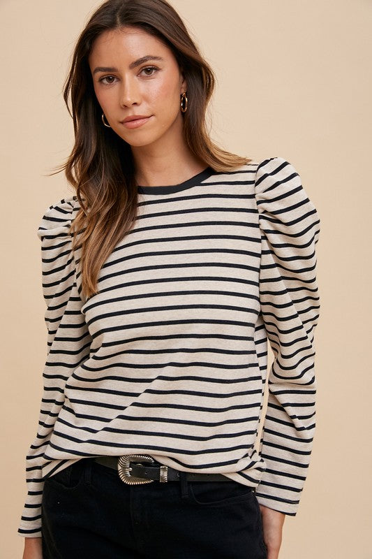 Annie Wear Striped Round Neck Puff Sleeve French Terry Top - Sydney So Sweet