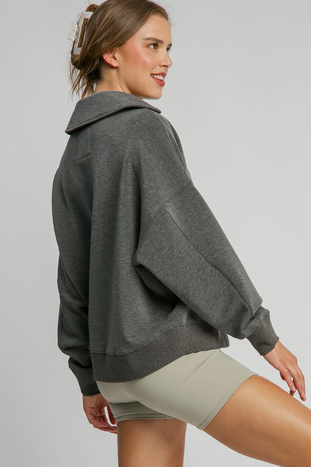 Umgee Johnny Collar Dropped Shoulder Sweatshirt - Sydney So Sweet