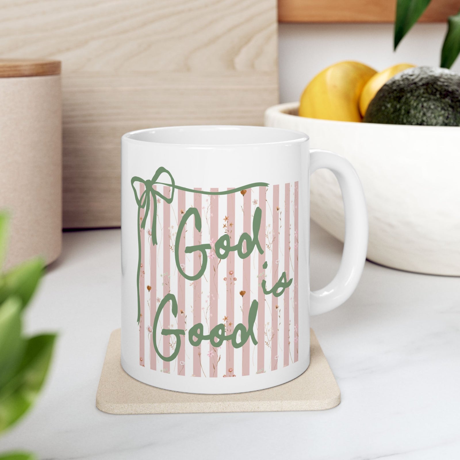God is Good Pink Stripe Inspirational Ceramic Mug Coffee Cup (11oz & 15oz)