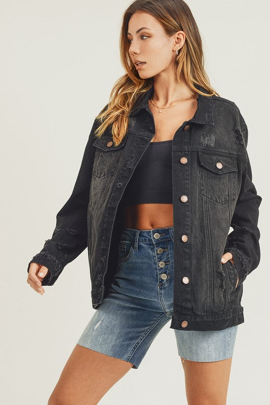 RISEN Full Size Distressed Long Sleeve Denim Jacket - Sydney So Sweet