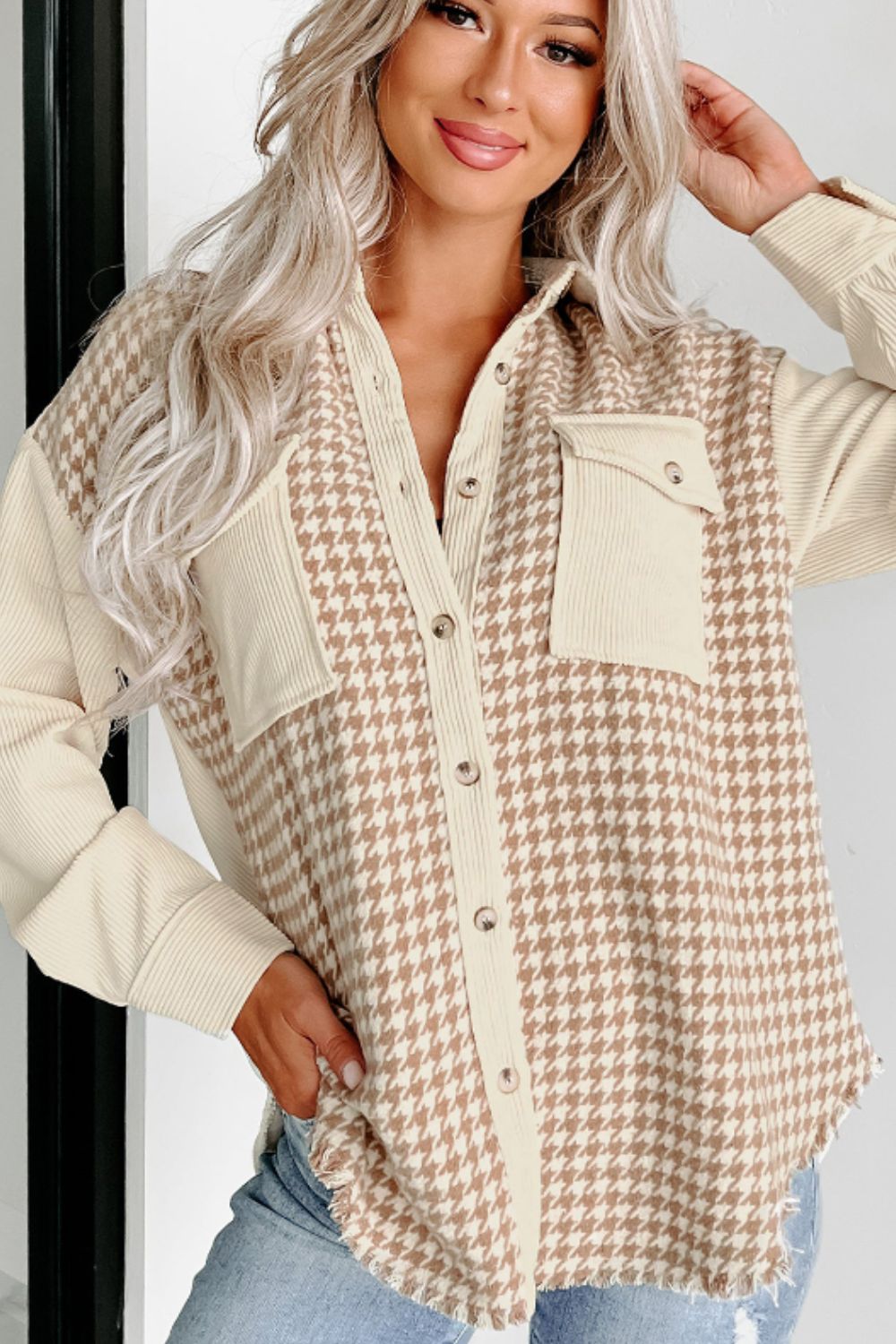 Houndstooth Button Up Long Sleeve Jacket - Sydney So Sweet