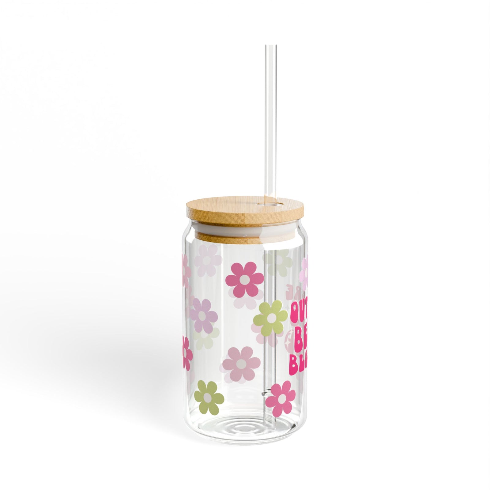 Out Here Being Blessed Retro Floral Sipper Glass 16oz — Reusable Drink Jar with Lid & Straw