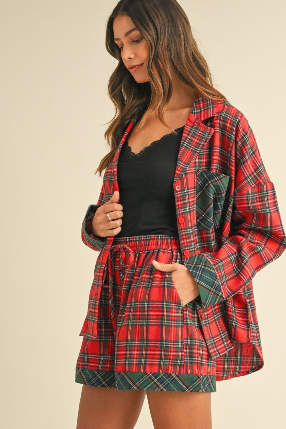 Annie Wear Contrast Plaid Long Sleeve Top and Shorts Set - Sydney So Sweet