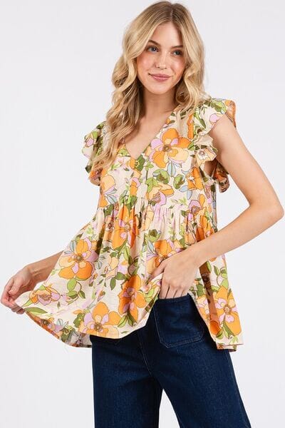 Mittoshop Floral V-Neck Ruffled Cap Sleeve Blouse - Sydney So Sweet