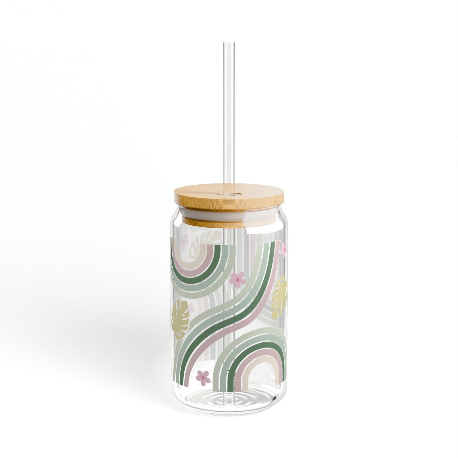 Retro In Bloom Tumbler Sipper Glass 16oz — Reusable Drink Jar with Lid & Straw