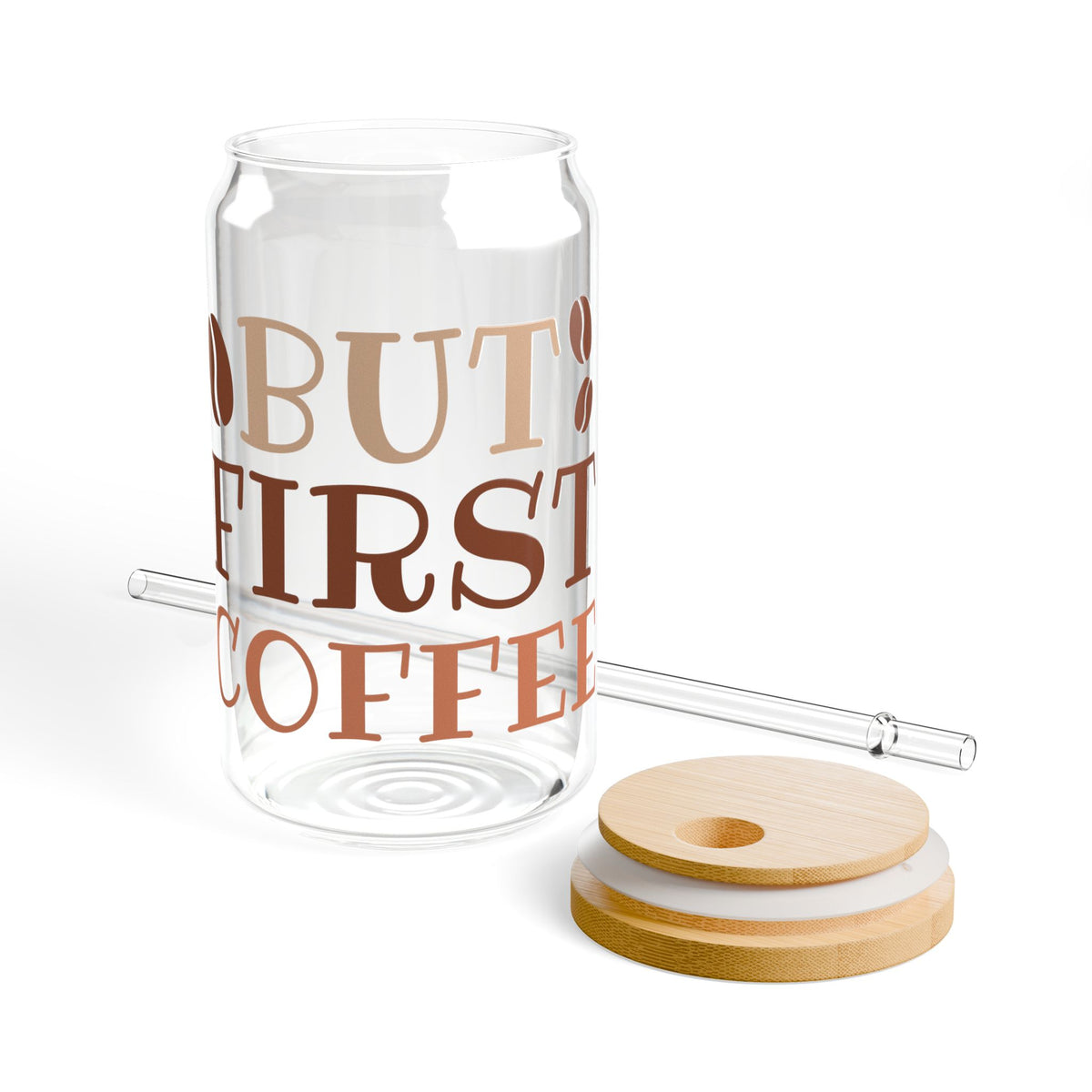 But First Coffee Sipper Glass 16oz Reusable Drink Jar with Lid & Straw