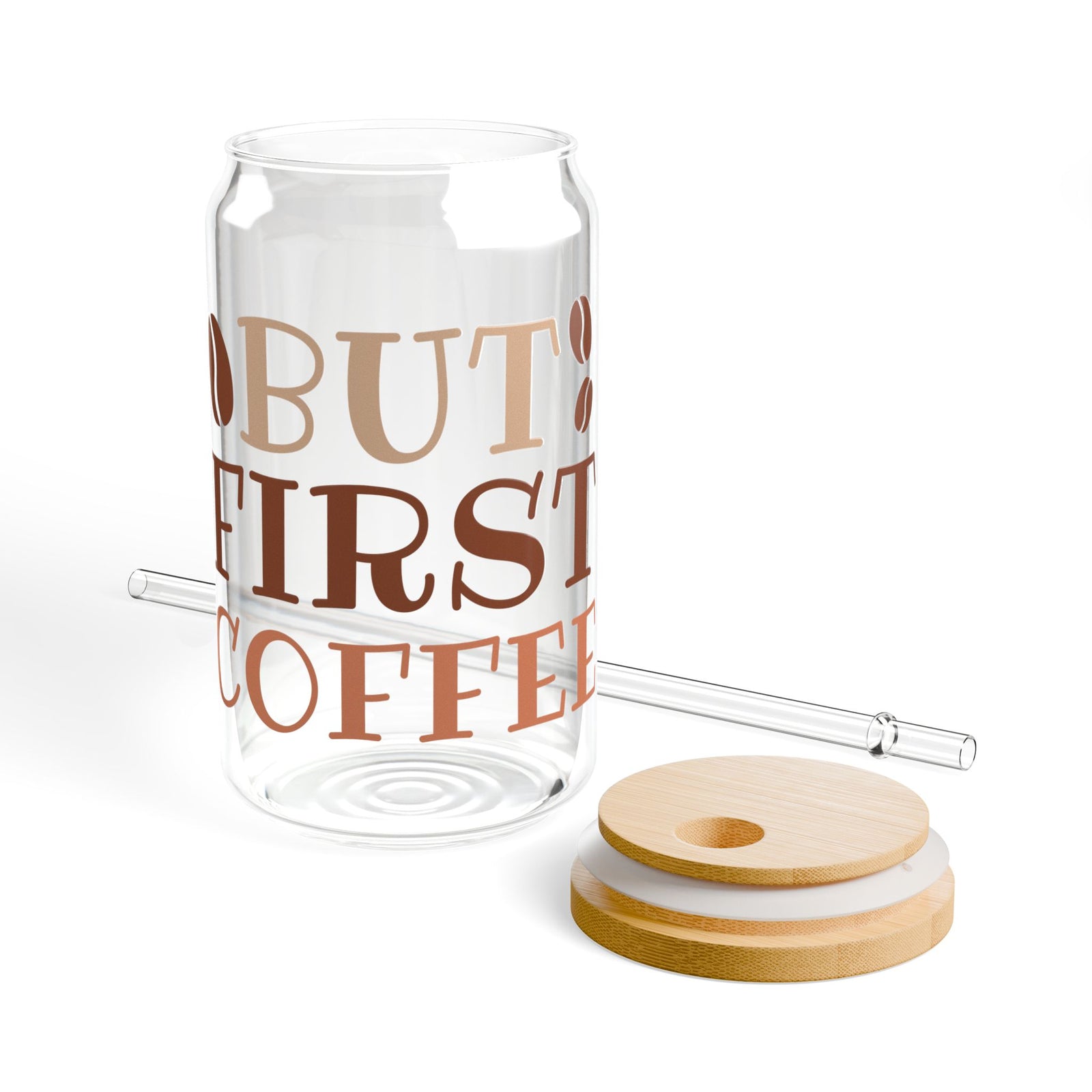 But First Coffee Sipper Glass 16oz Reusable Drink Jar with Lid & Straw
