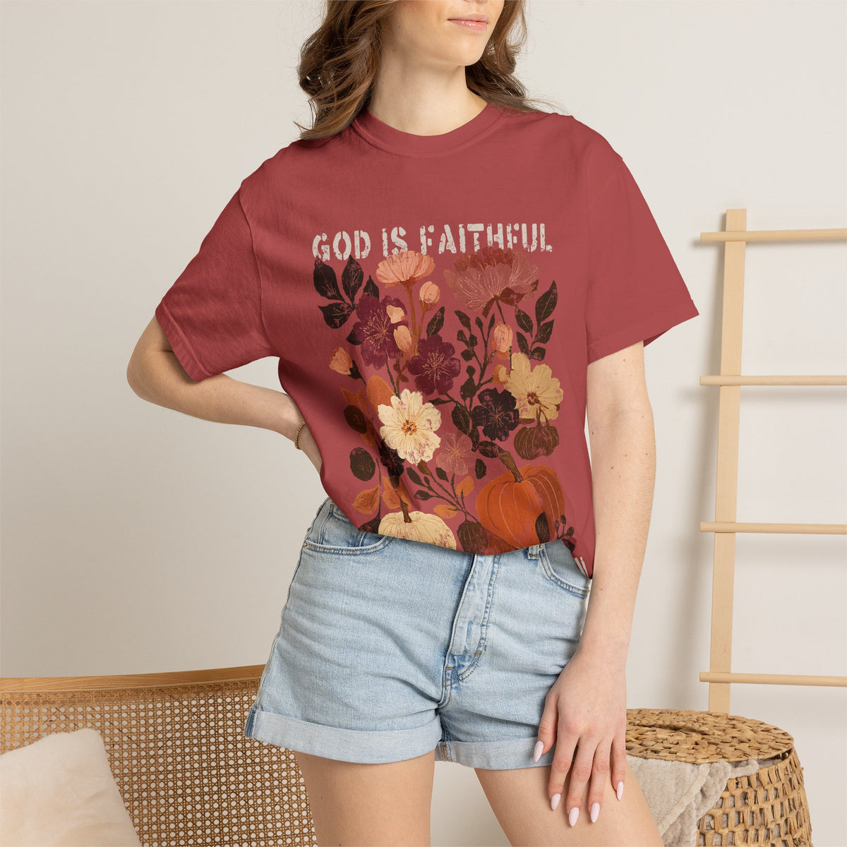 God is Faithful Floral Pumpkin T-Shirt Christian Distressed Fall Graphic Tee