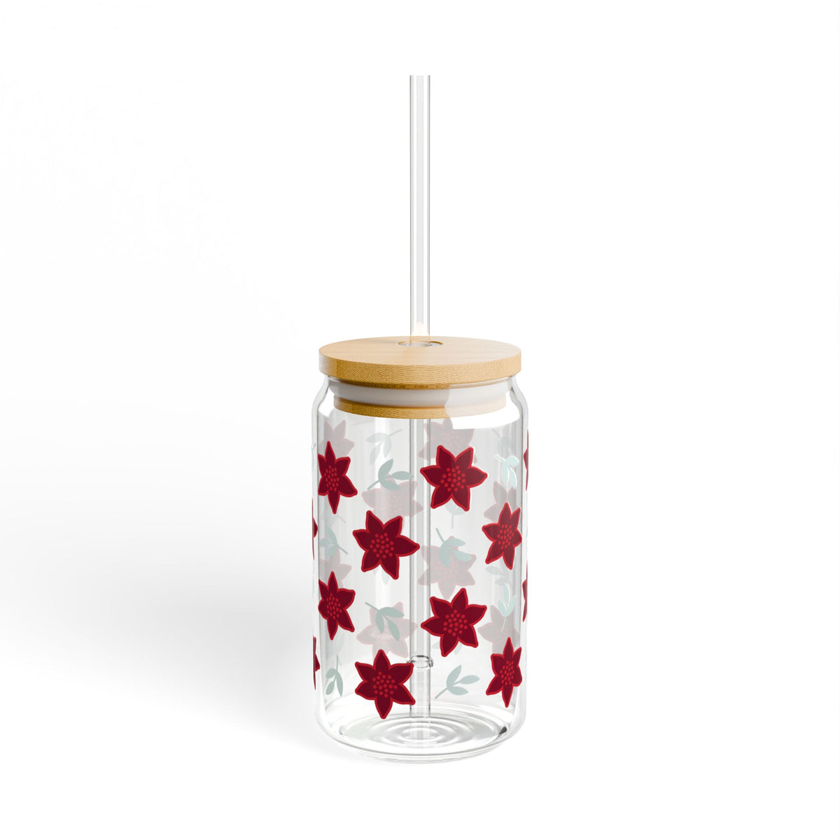 Poinsettia Christmas Flowers Sipper Glass 16oz Reusable Drink Jar with Lid & Straw