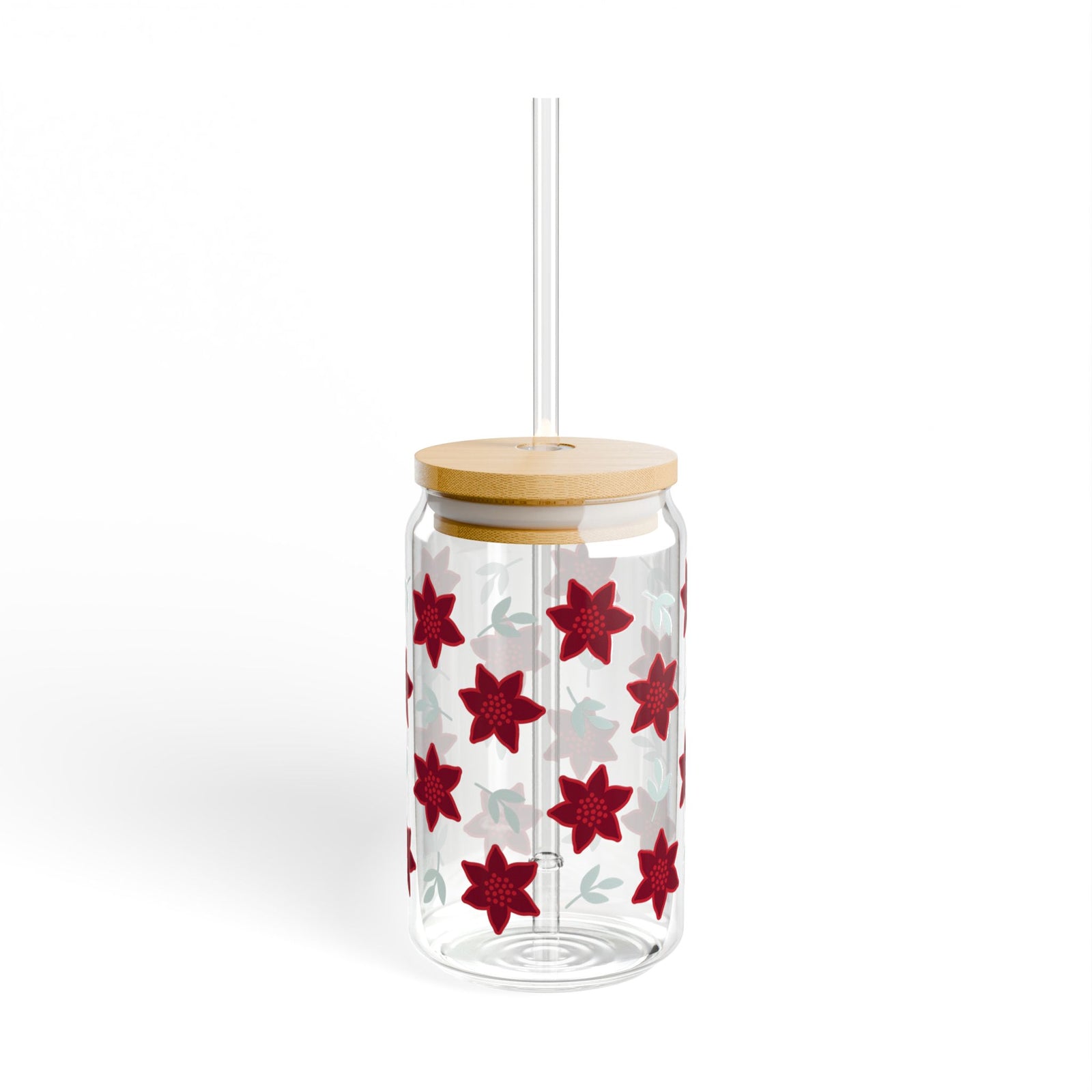 Poinsettia Christmas Flowers Sipper Glass 16oz Reusable Drink Jar with Lid & Straw