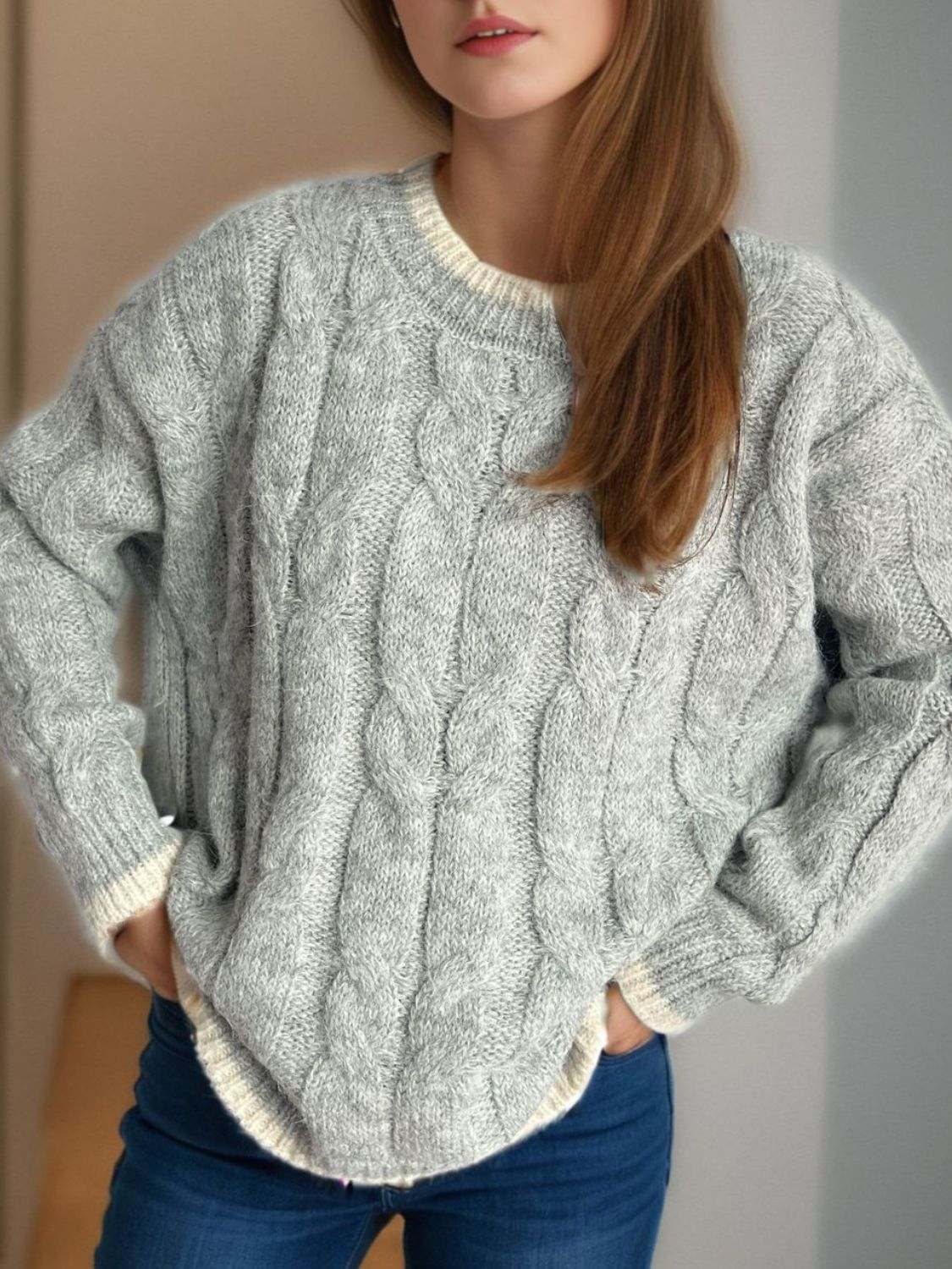 Cable Knit Round Neck Long Sleeve Sweater - Sydney So Sweet