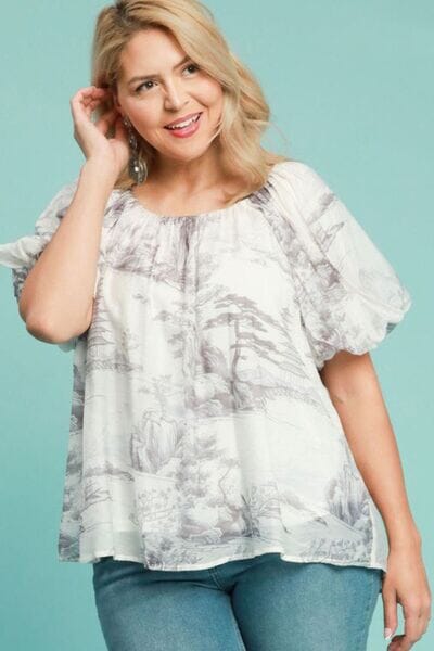 Umgee Full Size Two Tone Toile Print Top Plus Size - Sydney So Sweet