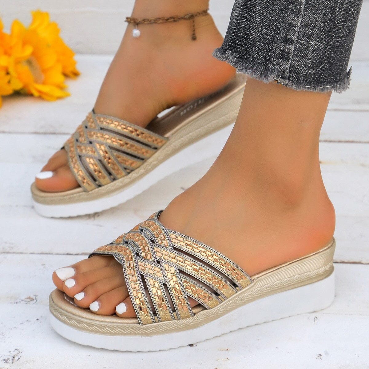 Rhinestone Open Toe Wedge Sandals - Sydney So Sweet