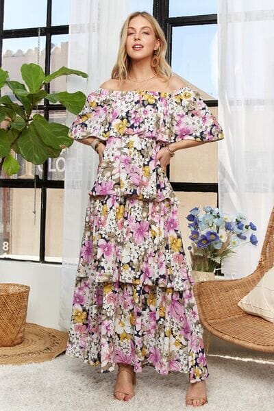 ADORA Layered Floral Off-Shoulder Short Sleeve Maxi Dress - Sydney So Sweet