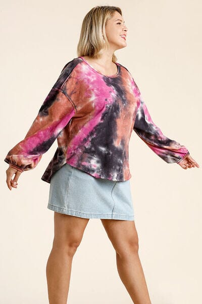 Umgee Full Size Tie Dye Round Neck Long Balloon Sleeve Top Plus Size - Sydney So Sweet