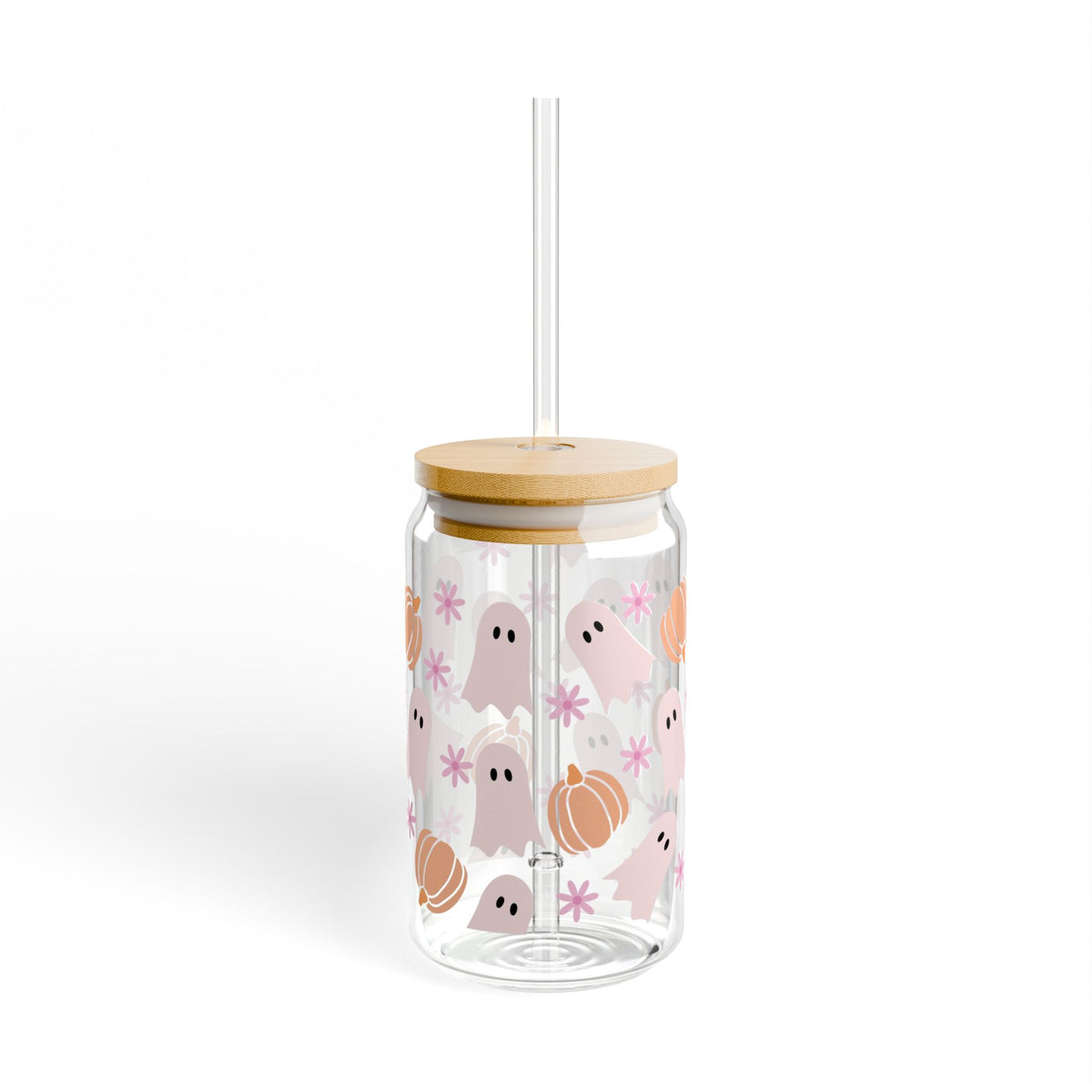 Boo-tiful Ghost & Pumpkin Halloween Sipper Glass 16oz Reusable Drink Jar with Lid & Straw