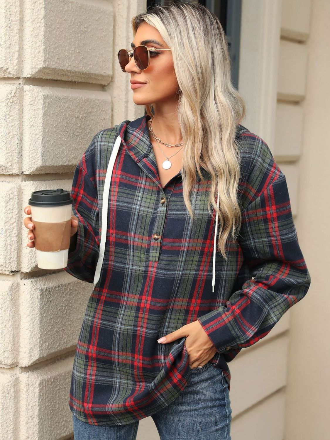 Drawstring Plaid Hooded Long Sleeve Top - Sydney So Sweet