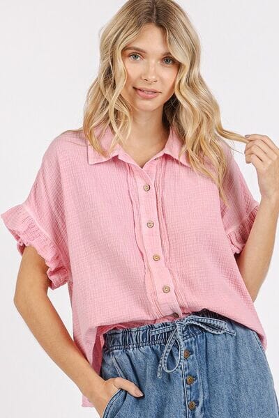 Mittoshop Mineral Washed Button Down Flounce Sleeve Shirt - Sydney So Sweet