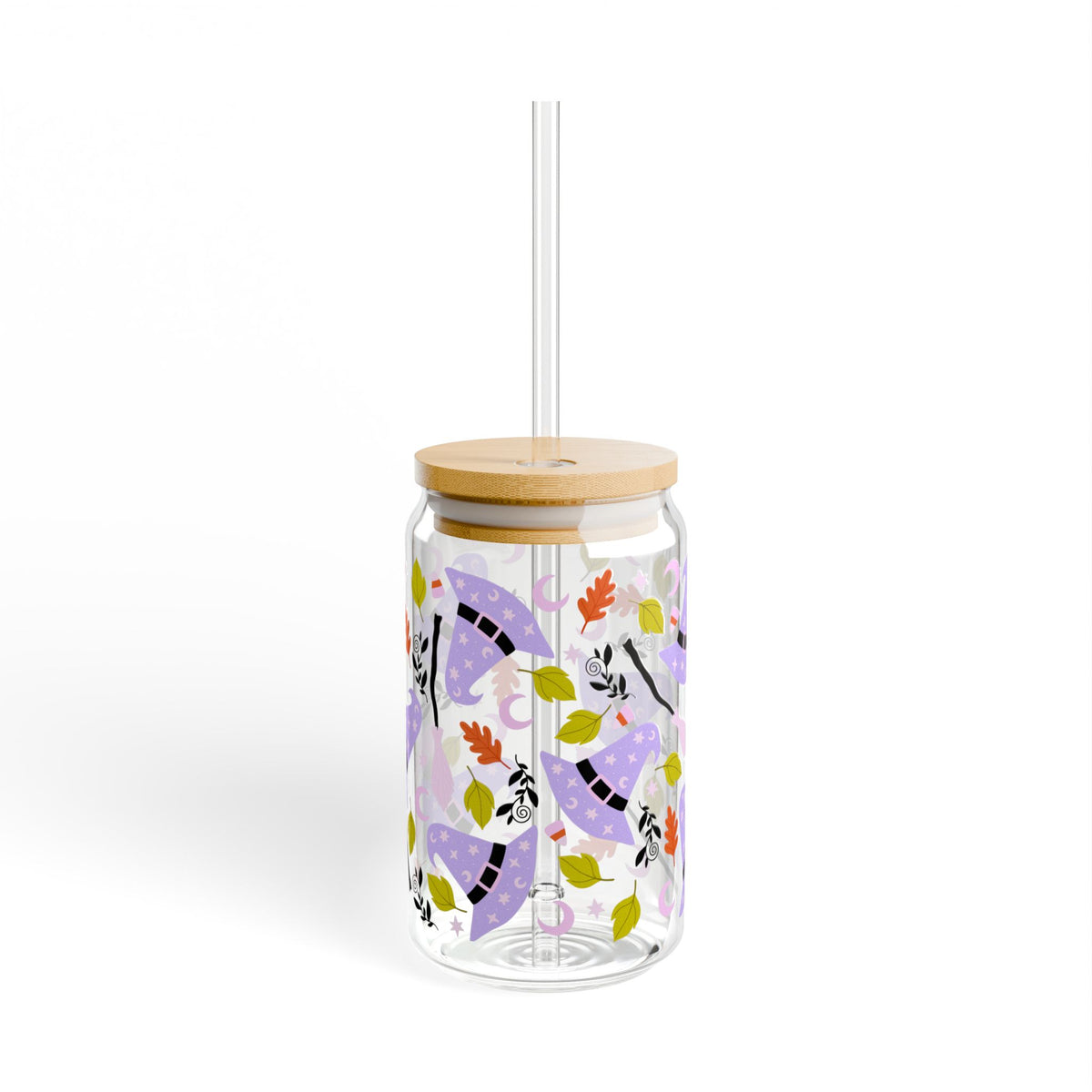 Witchy Lavender Witch Hat & Floral Fall Sipper Glass 16oz Reusable Drink Jar with Lid & Straw