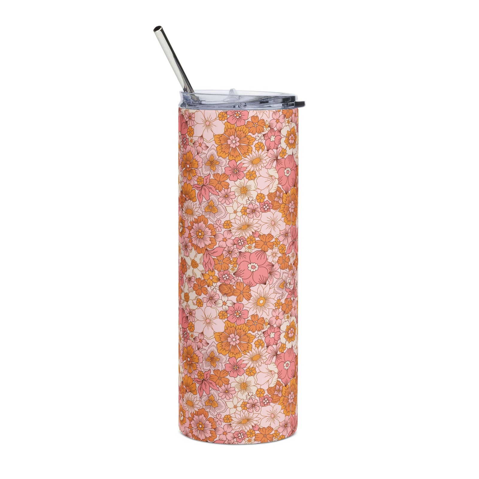 Retro Pink Orange Fall Floral 20oz Stainless Steel Tumbler Insulated Travel Cup