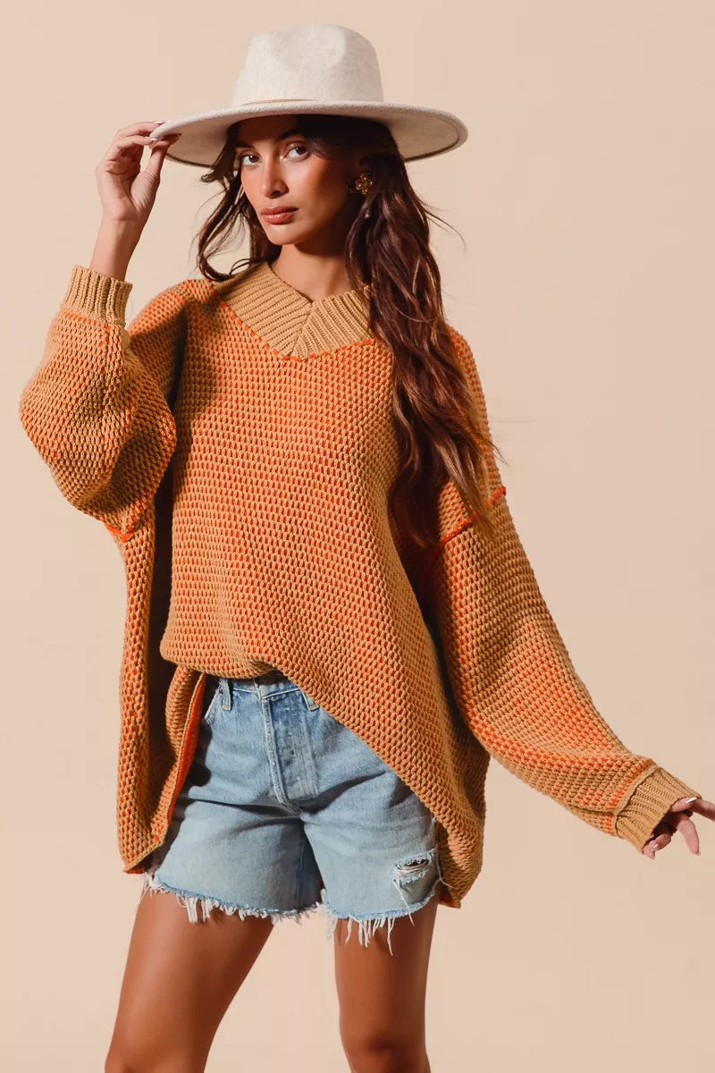 SO ME Oversized Two Tone Textured V Neck Sweater - Sydney So Sweet