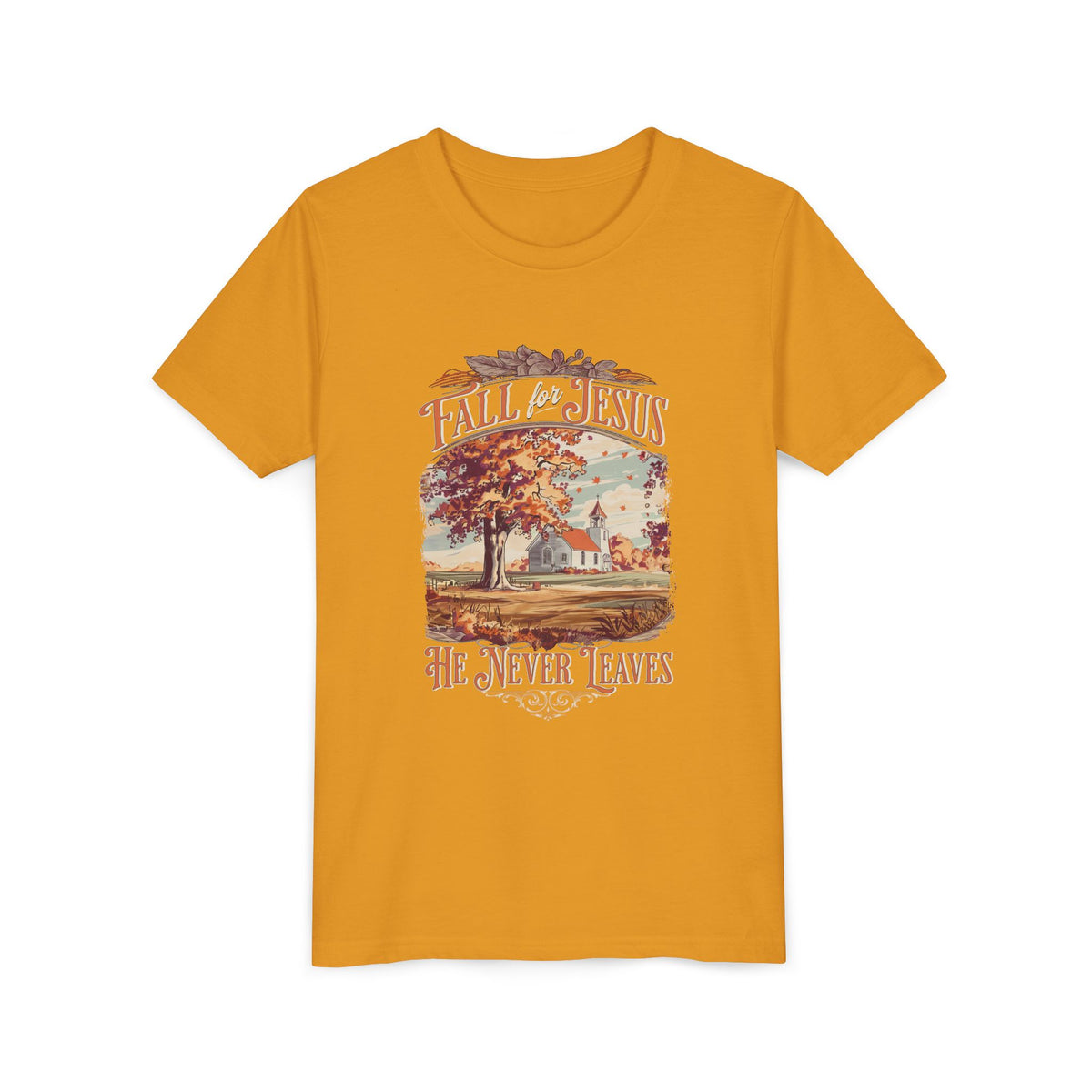 Fall for Jesus Kids T-Shirt He Never Leaves Youth Christian Graphic Tee