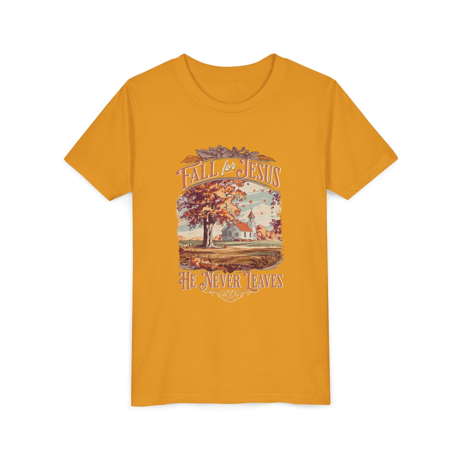 Fall for Jesus Kids T-Shirt He Never Leaves Youth Christian Graphic Tee