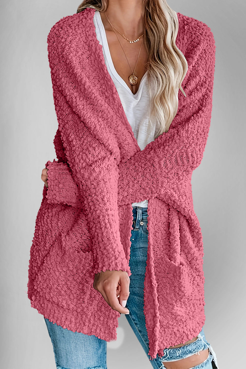 Double Take Pocketed Open Front Long Sleeve Cardigan Sweater - Sydney So Sweet