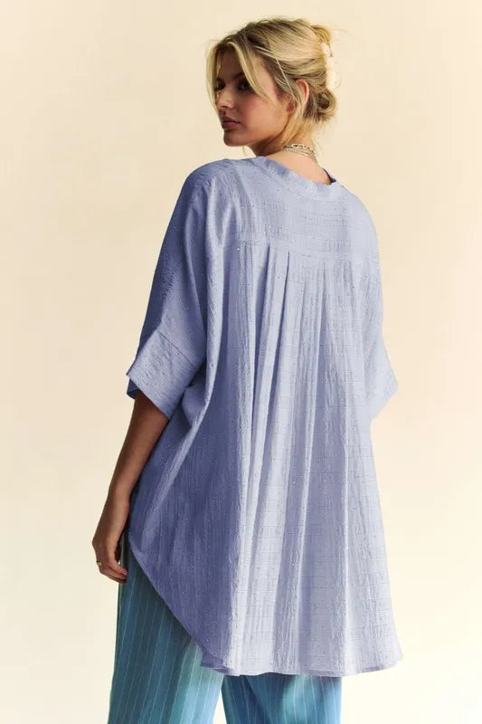 Davi & Dani Rhinestone Pleat Back Short Sleeve Loose Fit Shirt - Sydney So Sweet