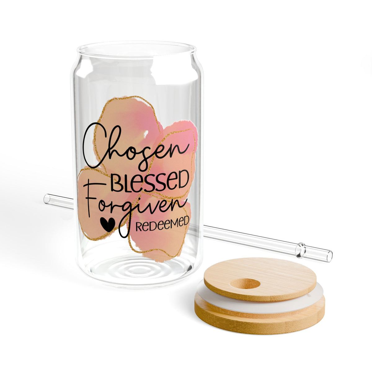 Chosen • Blessed • Forgiven Christian Tumbler Sipper Glass 16oz — Reusable Drink Jar with Lid & Straw