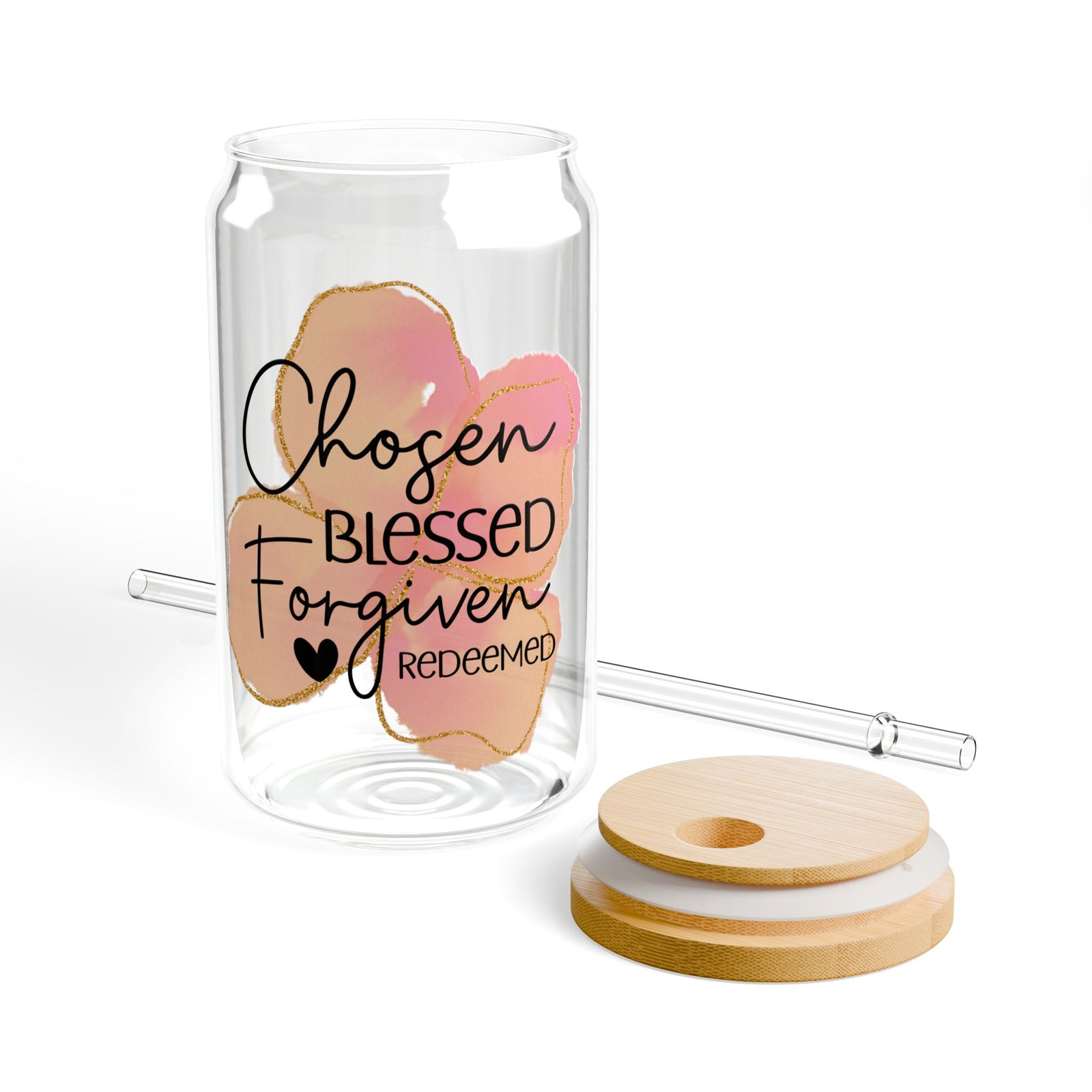 Chosen • Blessed • Forgiven Christian Tumbler Sipper Glass 16oz — Reusable Drink Jar with Lid & Straw