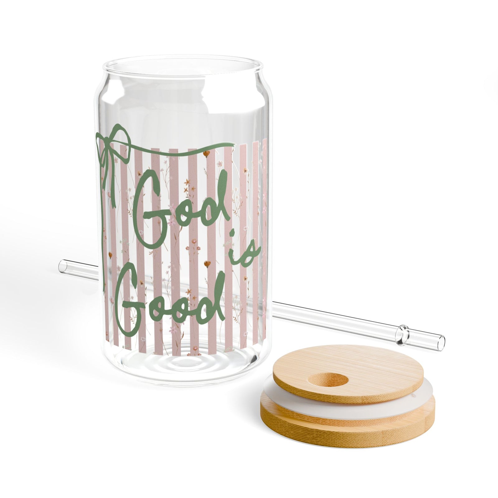 God is Good Pink Stripe Sipper Glass 16oz Reusable Drink Jar with Lid & Straw