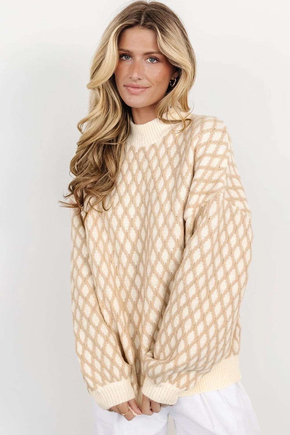 Diamond Pattern Mock Neck Long Sleeve Sweater - Sydney So Sweet