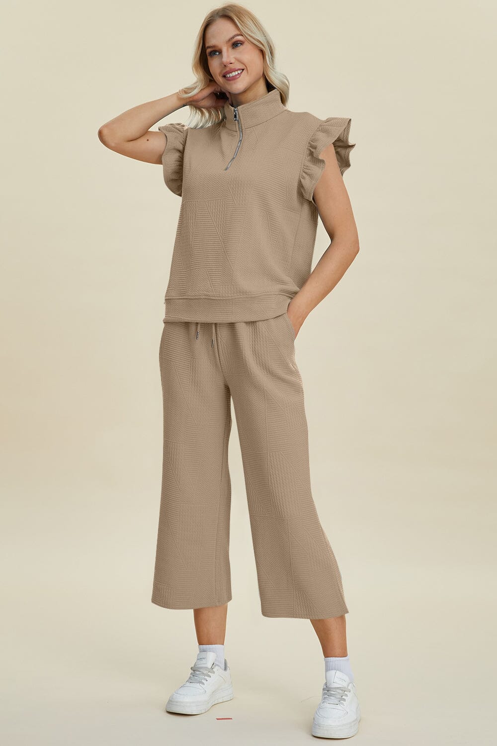 Double Take Full Size Texture Ruffle Short Sleeve Top and Wide Leg Pants Set - Sydney So Sweet