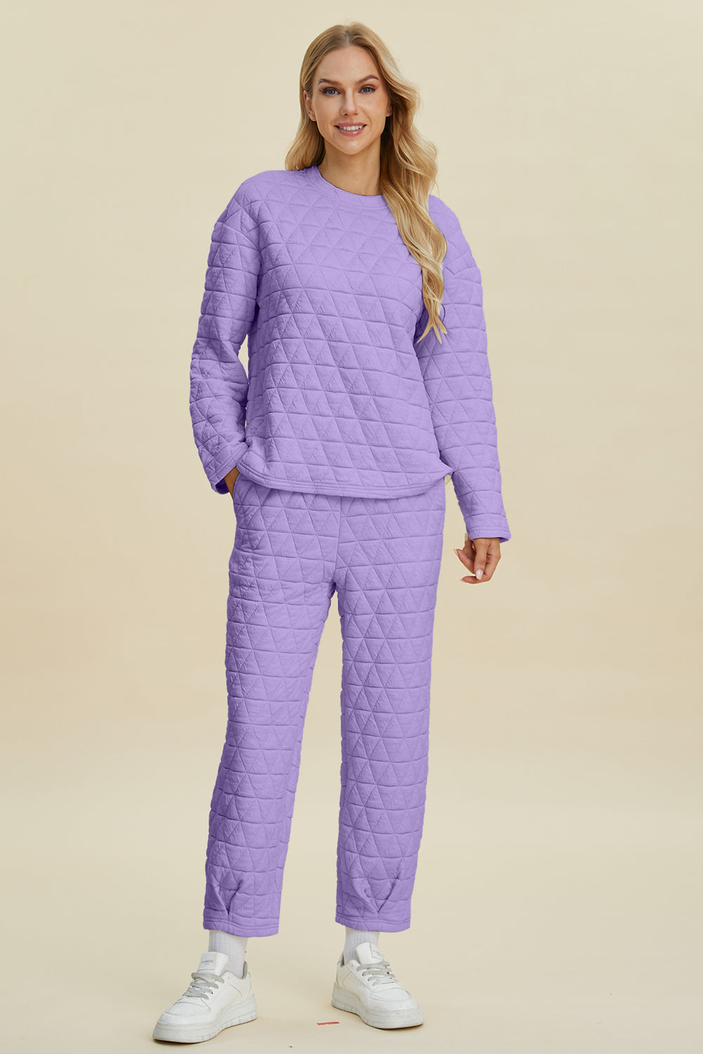 Double Take Full Size Texture Round Neck Long Sleeve Top and Pants Set - Sydney So Sweet