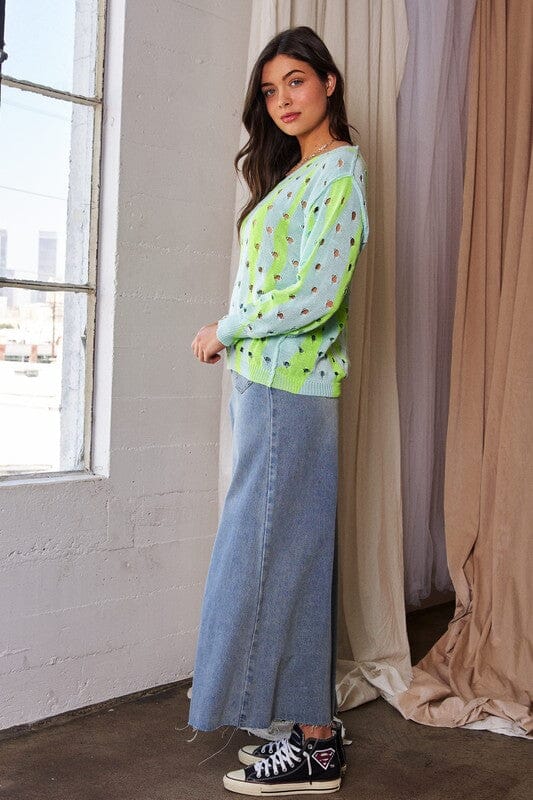 Davi & Dani Two-Tone Ribbed Hem Openwork Knit Top - Sydney So Sweet