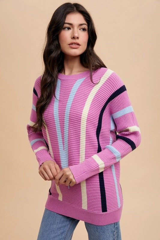 Annie Wear Chevron Stripe Round Neck Ribbed Sweater - Sydney So Sweet