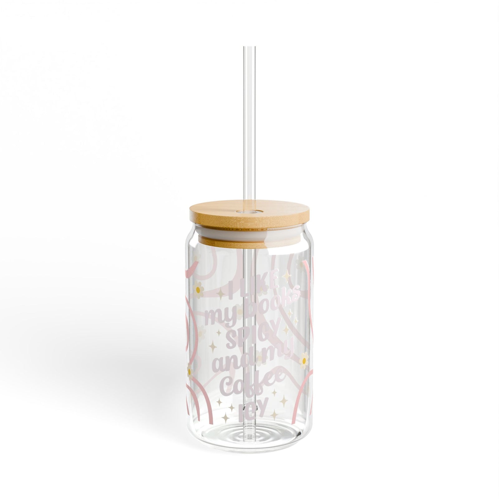 Books Spicy Coffee Icy Tumbler Sipper Glass 16oz — Reusable Drink Jar with Lid & Straw