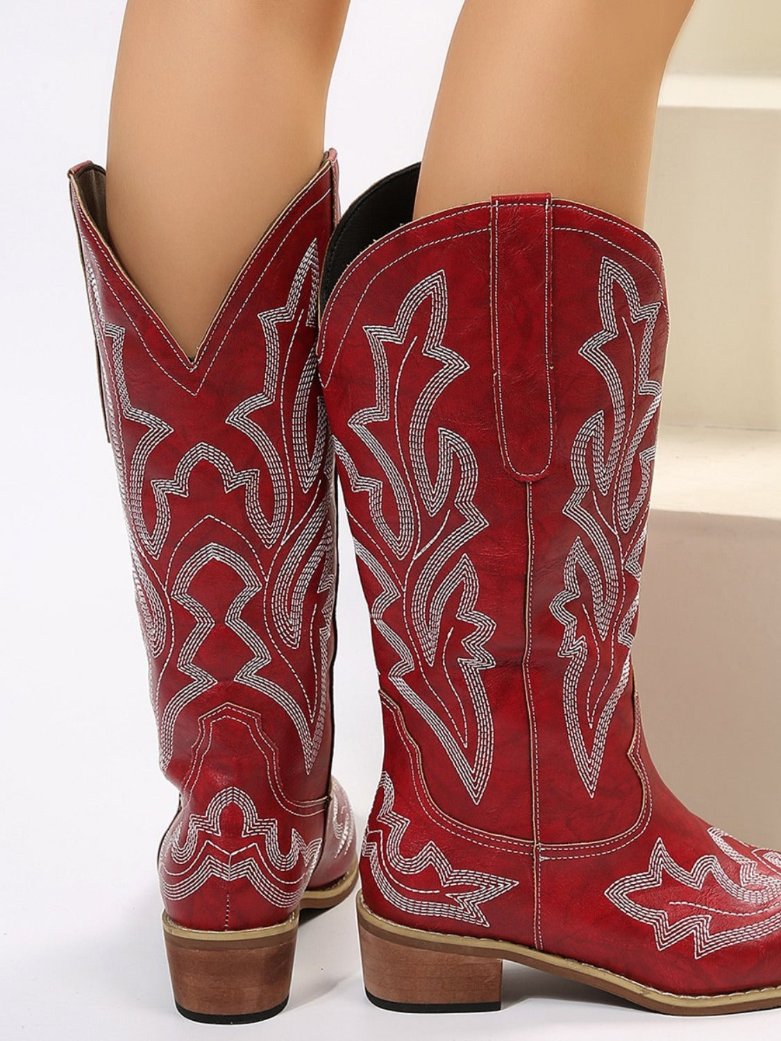 PU Leather Embroidered Geometric Point Toe Boots - Sydney So Sweet