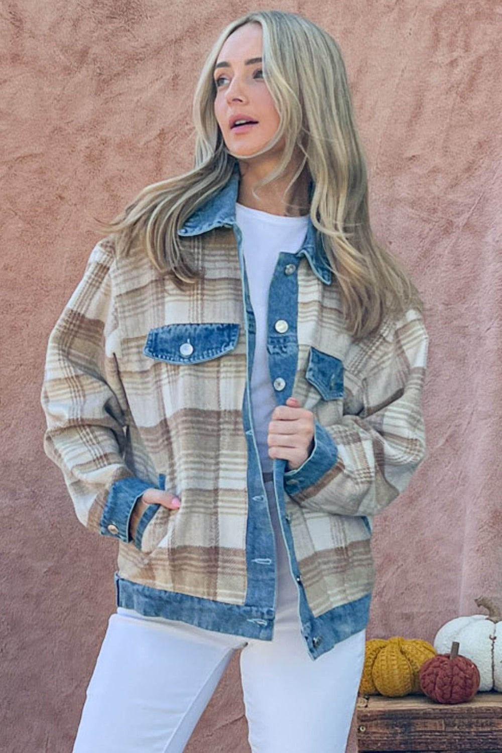 And The Why Full Size Washed Denim Detail Brushed Plaid Jacket - Sydney So Sweet