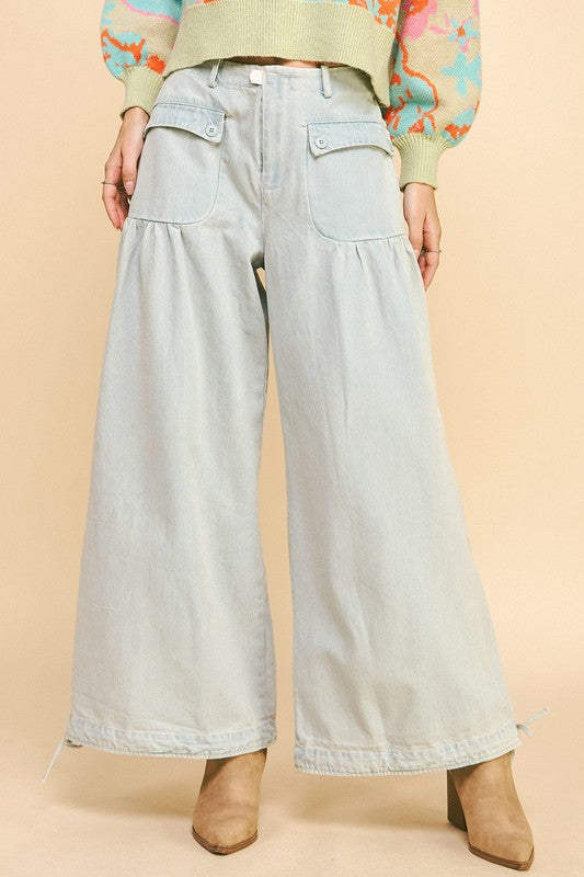 Davi &amp; Dani Drawstring Hem Wide Leg Mid Rise Jeans - Sydney So Sweet