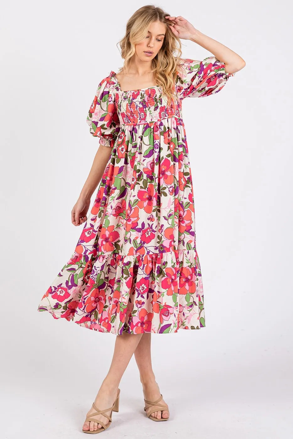 Mittoshop Flower Print Puff Sleeve Ruffle Smocked Midi Dress - Sydney So Sweet