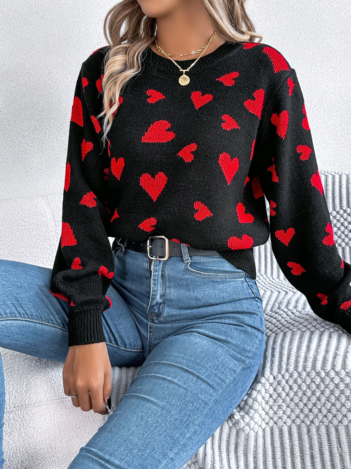 Heart Round Neck Long Sleeve Sweater - Sydney So Sweet