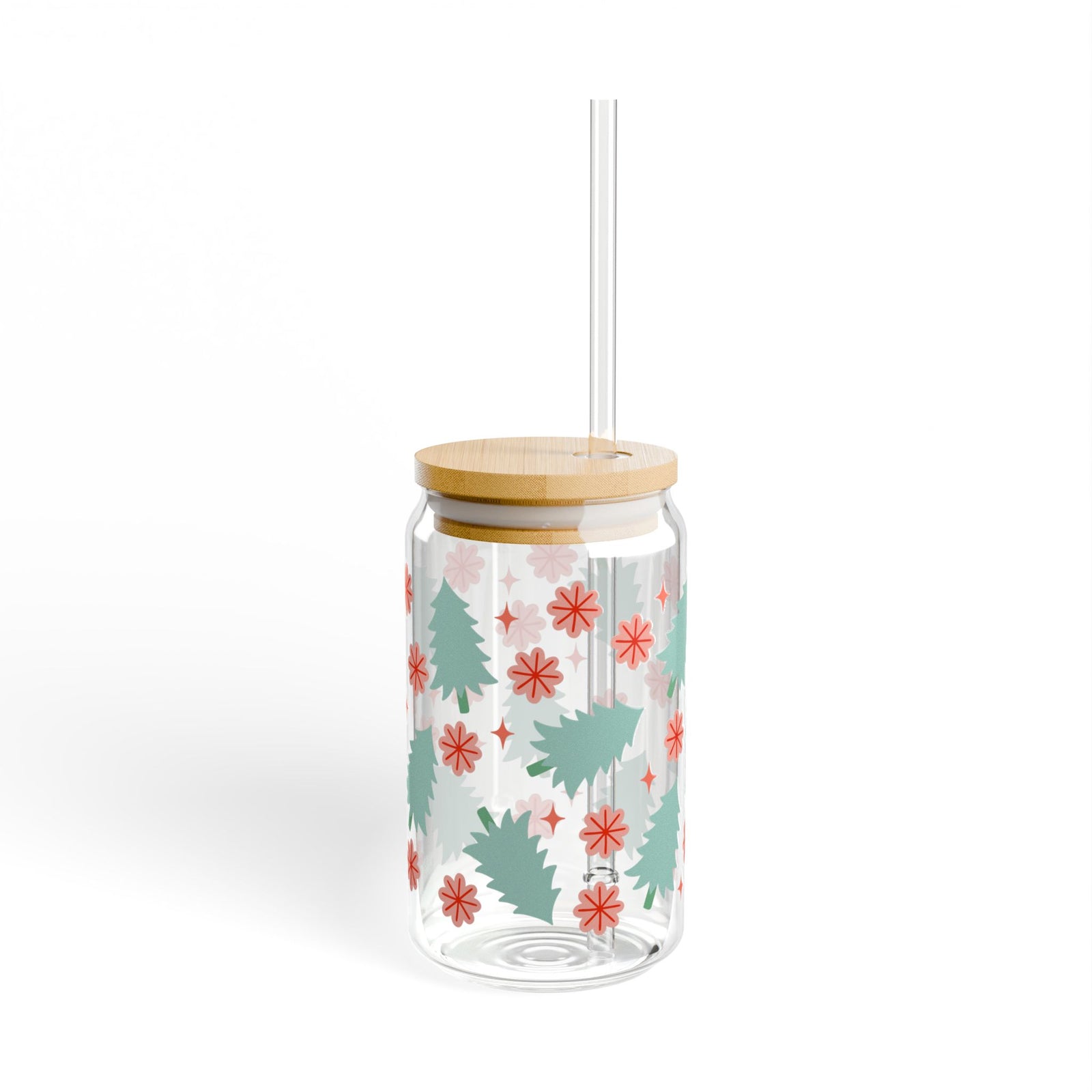 Holly Jolly Christmas Holiday Sipper Glass 16oz Reusable Drink Jar with Lid & Straw