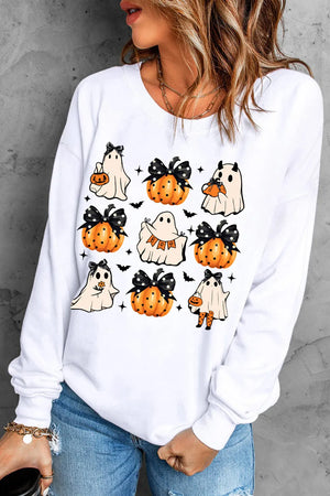 Pumpkin & Ghost Round Neck Long Sleeve Women's Graphic Sweatshirt - Sydney So Sweet