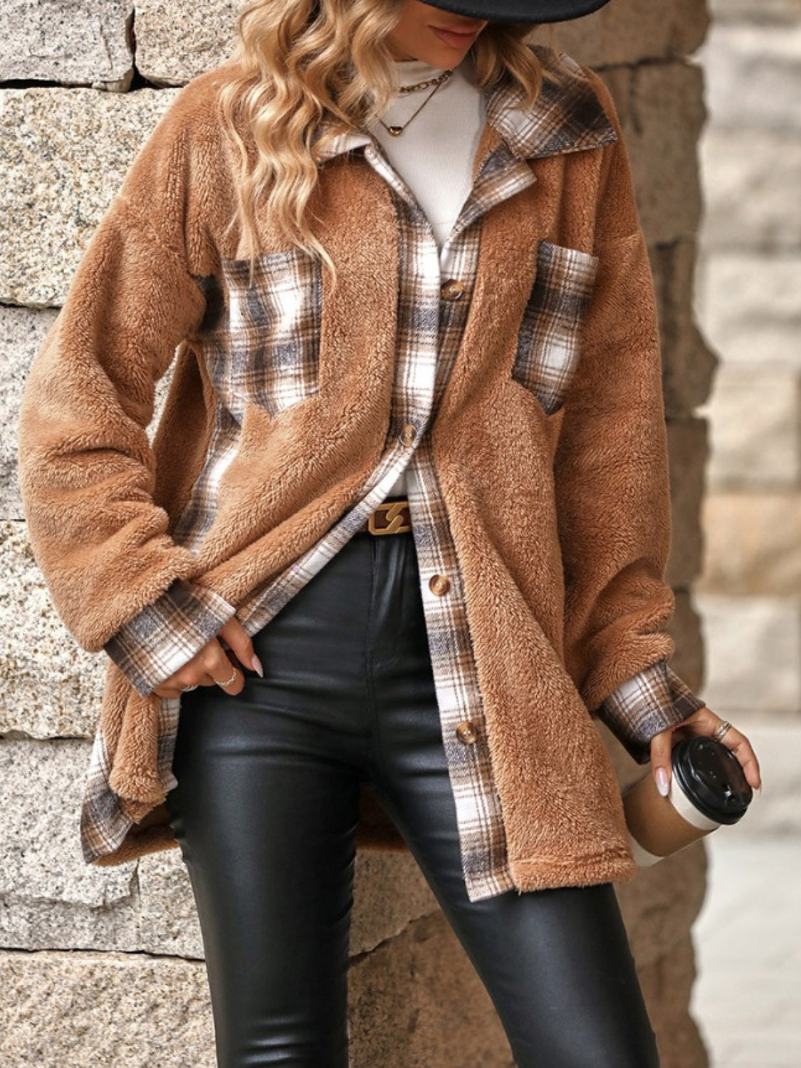 Plaid Button Up Long Sleeve Fuzzy Shacket - Sydney So Sweet