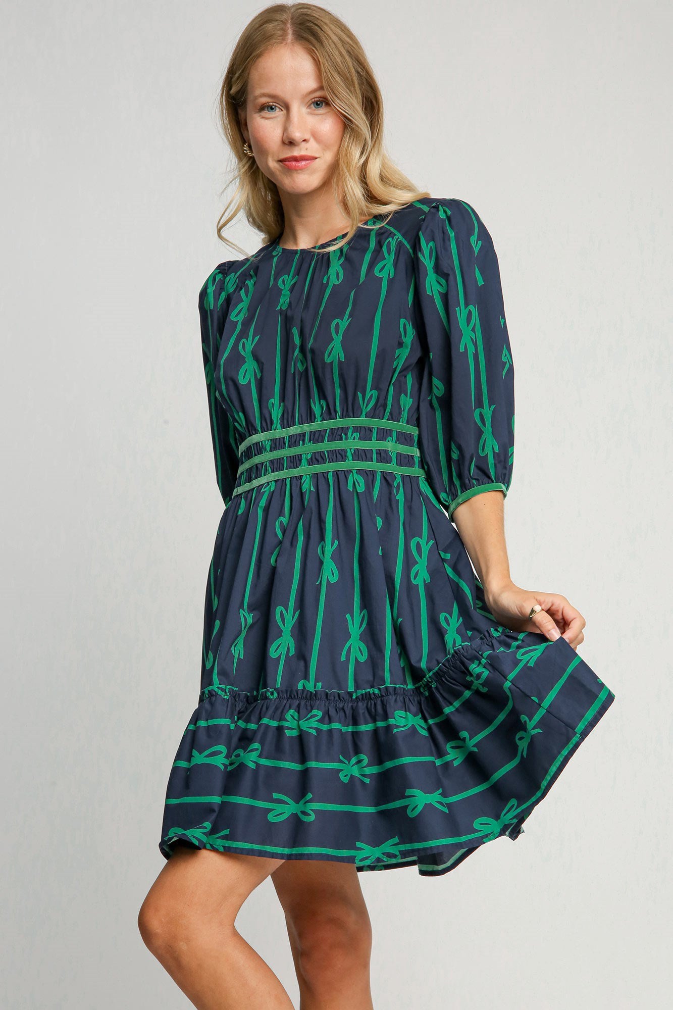 Umgee Ribbon Print Frill Contrast Velvet Trim Half Sleeve Dress - Sydney So Sweet