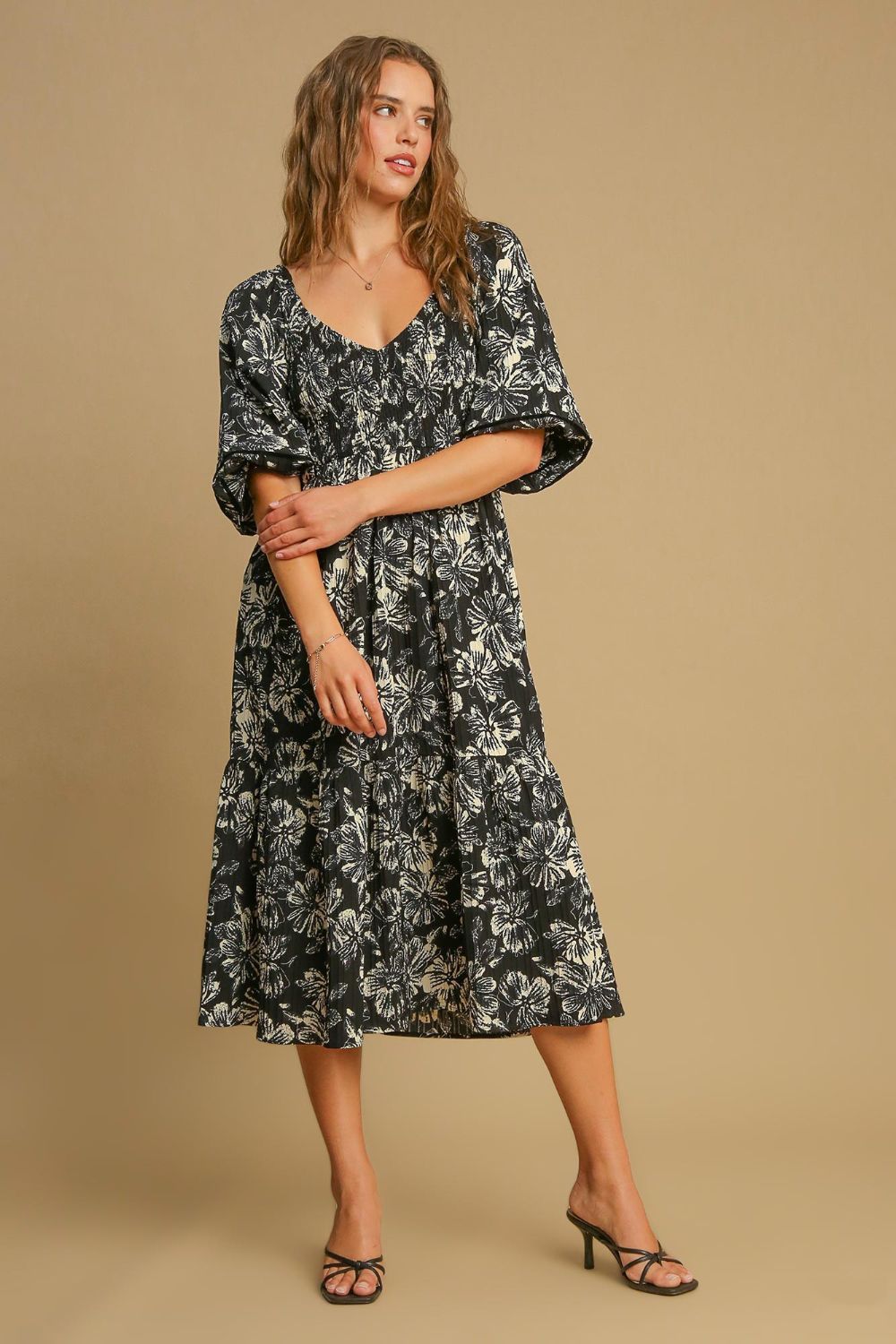 Umgee Ruffle Hem Flower Printed V-Neck Dress - Sydney So Sweet